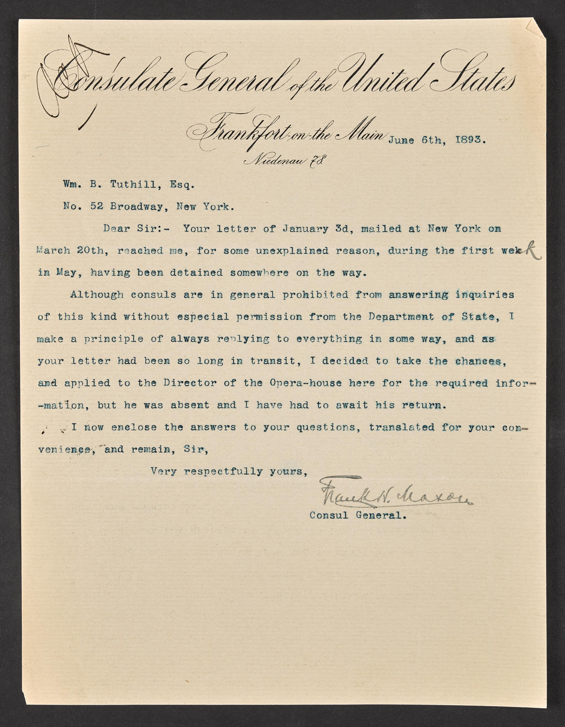 Letter from Frank H. Mason, General US Consul in Frankfort-on-the-Main, June 6, 1893