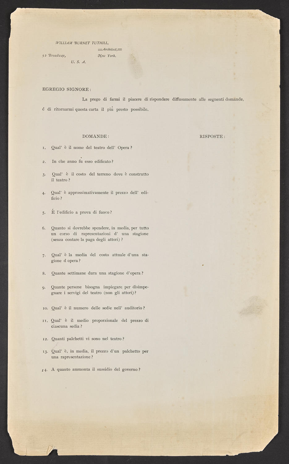 Questionnaire to Regio Teatro della Pergola, May 5, 1893, page 4 of 4