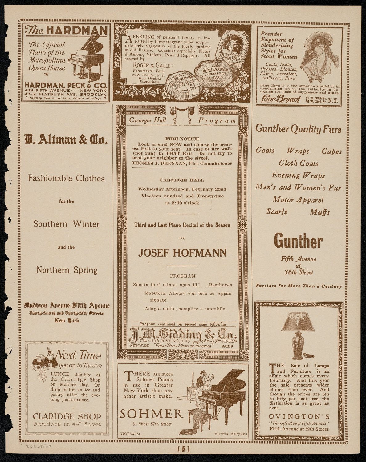 Josef Hofmann, Piano, February 22, 1922, program page 5