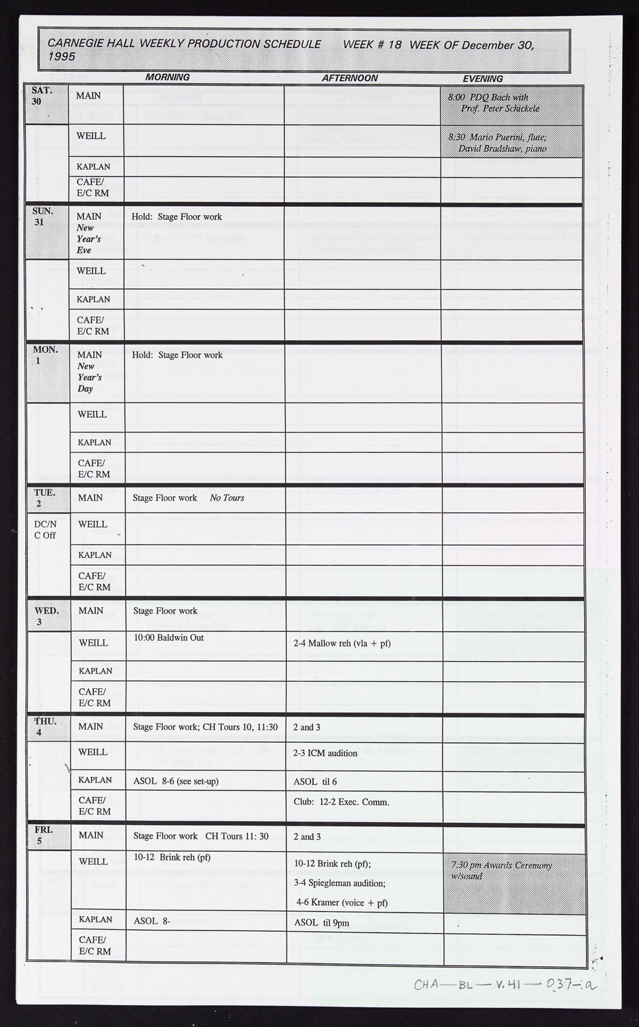 Carnegie Hall Booking Ledger, volume 41, page 37a