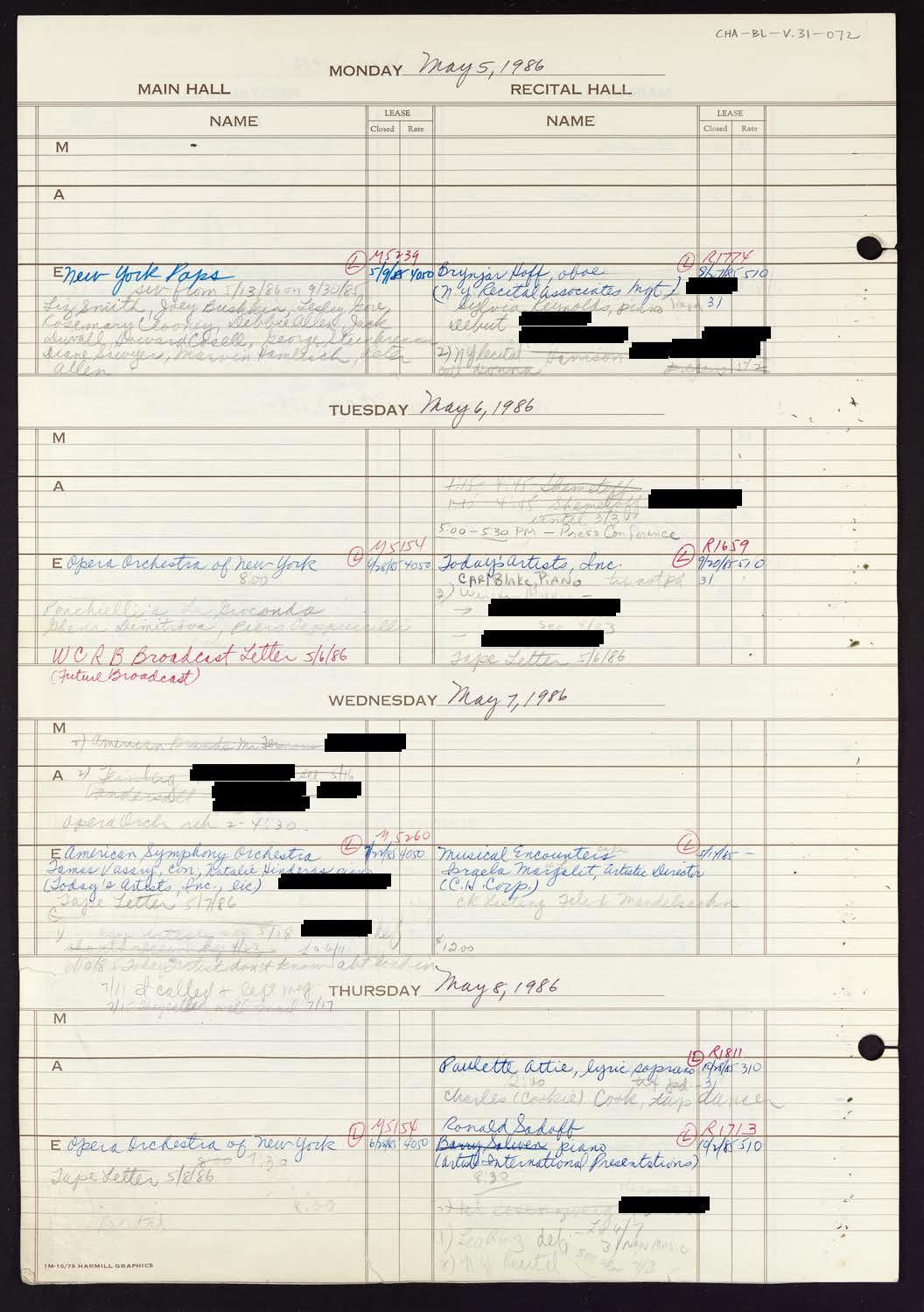 Carnegie Hall Booking Ledger, volume 31, page 72