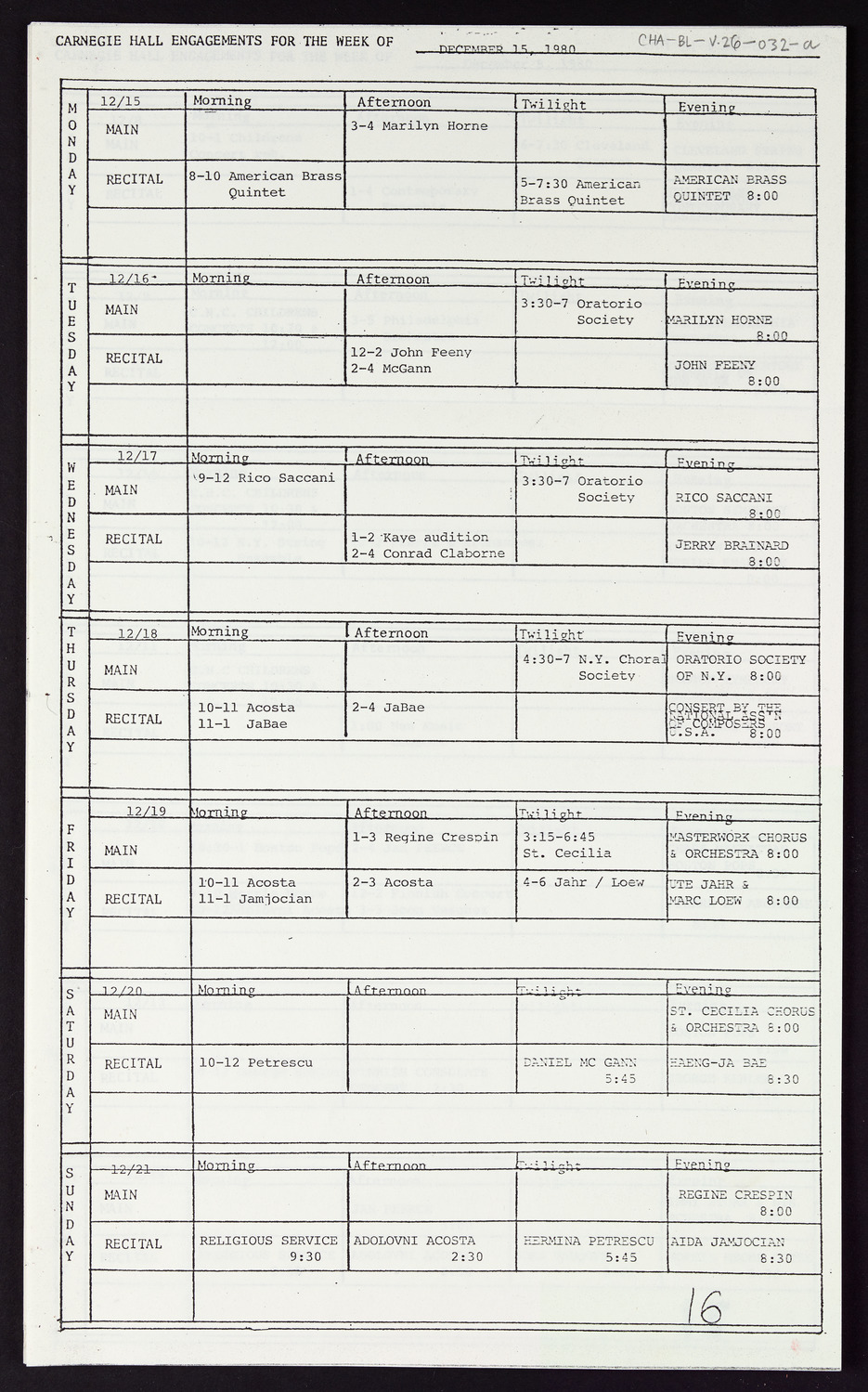 Carnegie Hall Booking Ledger, volume 26, page 32a