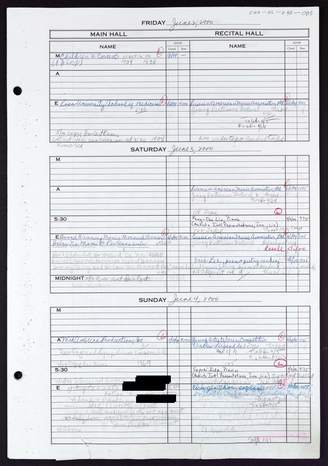 Carnegie Hall Booking Ledger, volume 45, page 83