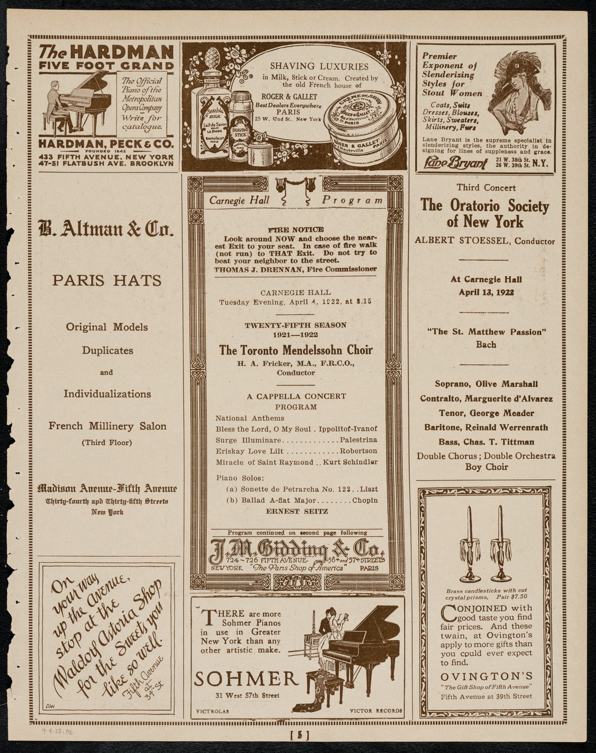 Toronto Mendelssohn Choir, April 4, 1922, program page 5