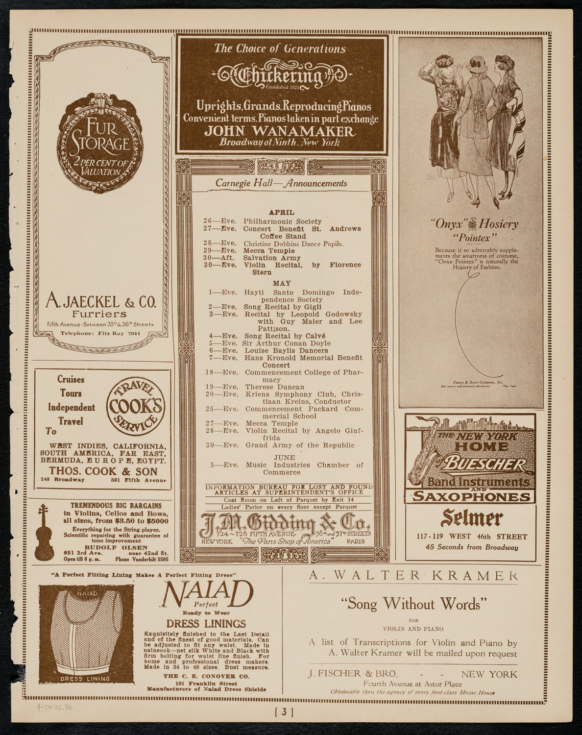 Fritz Kreisler, Violin, April 23, 1922, program page 3