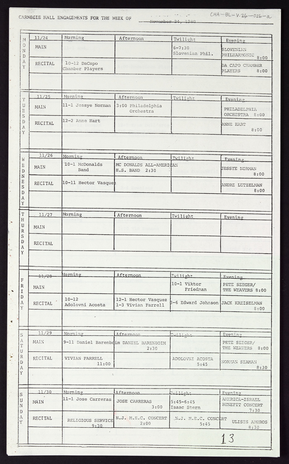 Carnegie Hall Booking Ledger, volume 26, page 26a