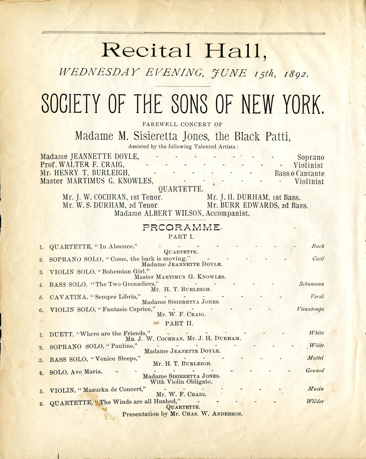 Society of the Sons of New York: Farewell Concert of Sisieretta Jones, the Black Patti, June 15, 1892, program page 1