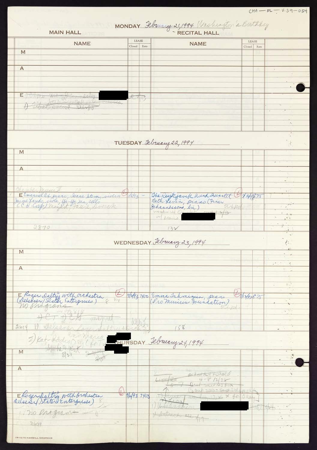 Carnegie Hall Booking Ledger, volume 39, page 54