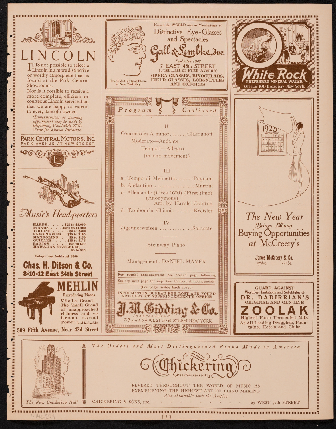 Arno Segall, Violin, January 14, 1925, program page 7