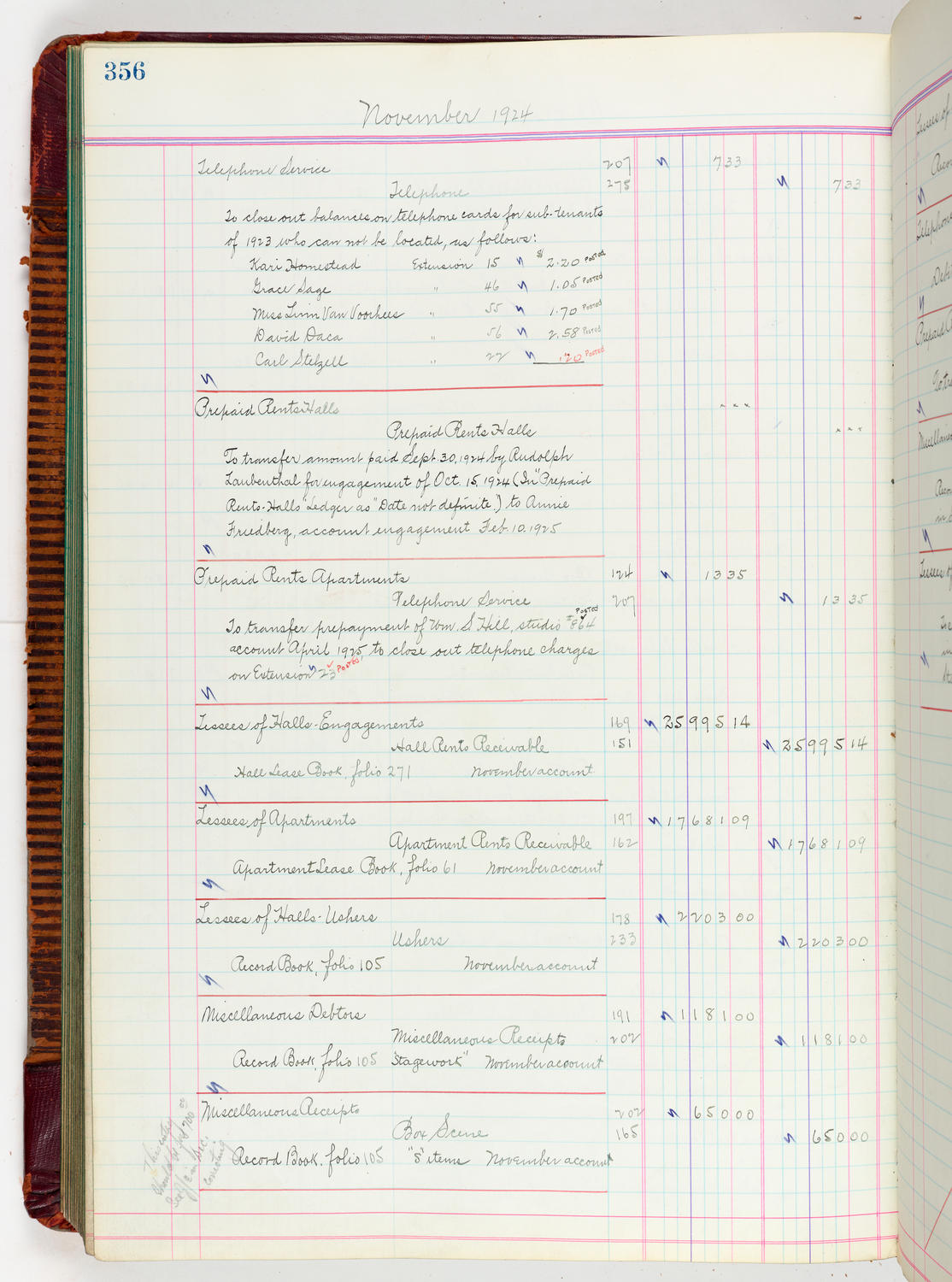 Music Hall Accounting Ledger, volume 5, page 356