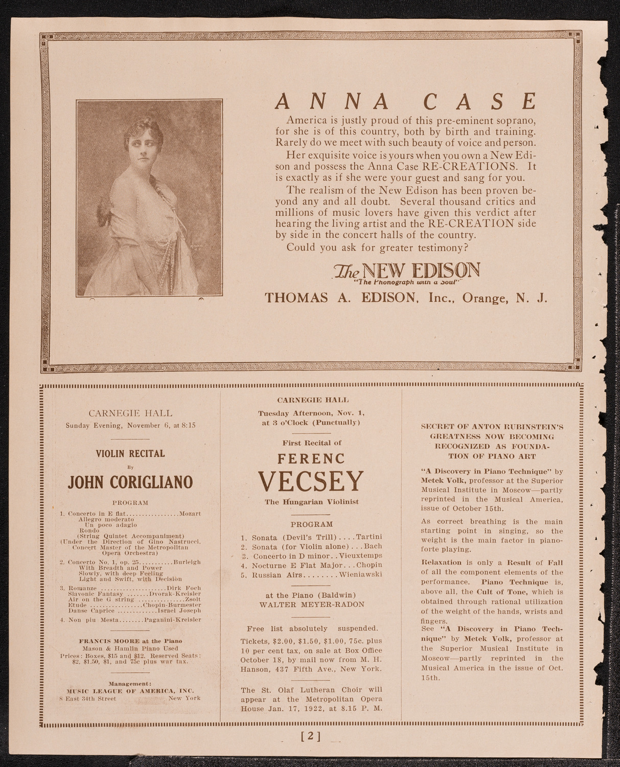 Elly Ney, Piano, October 26, 1921, program page 2