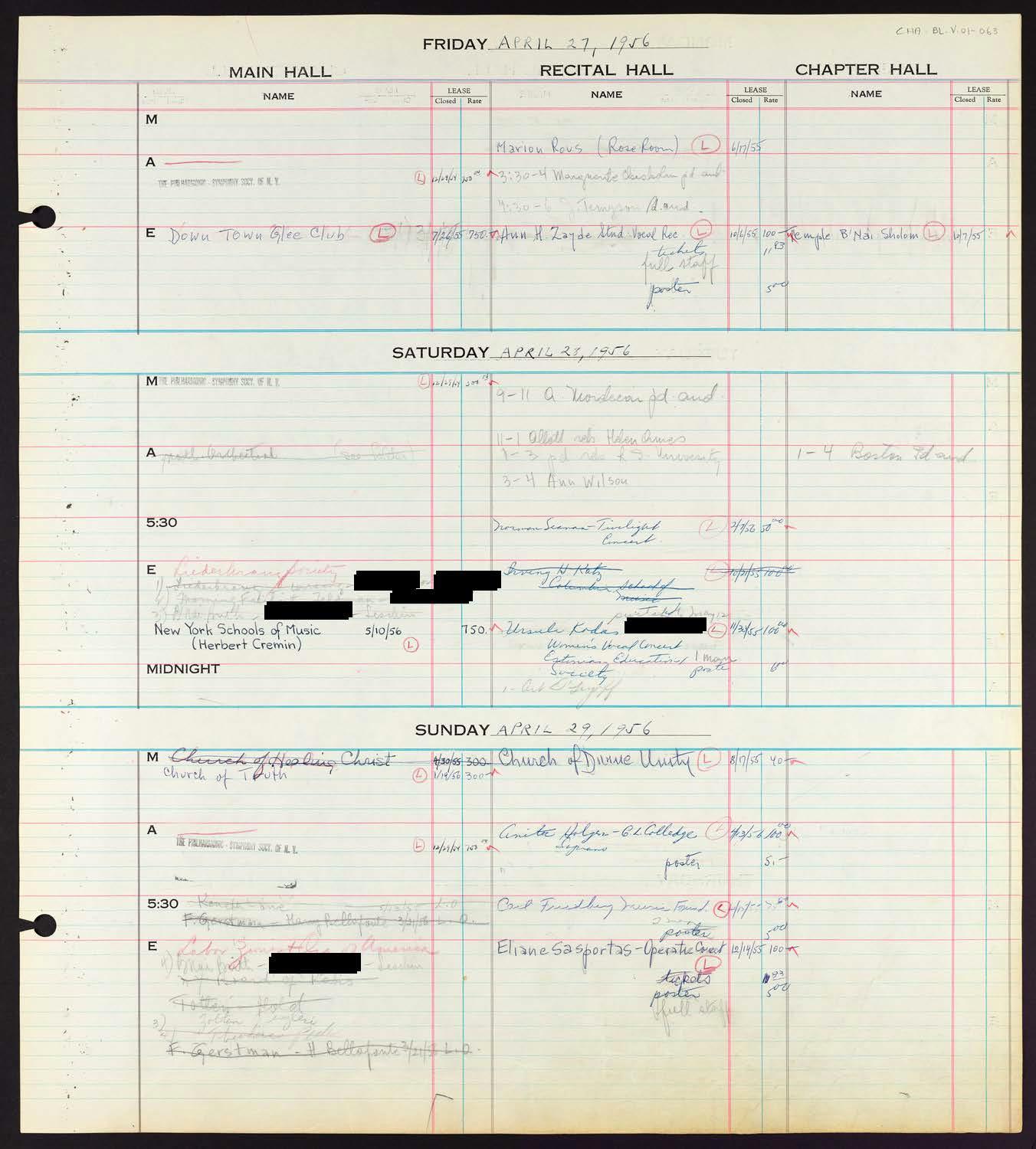 Carnegie Hall Booking Ledger, volume 1, page 63