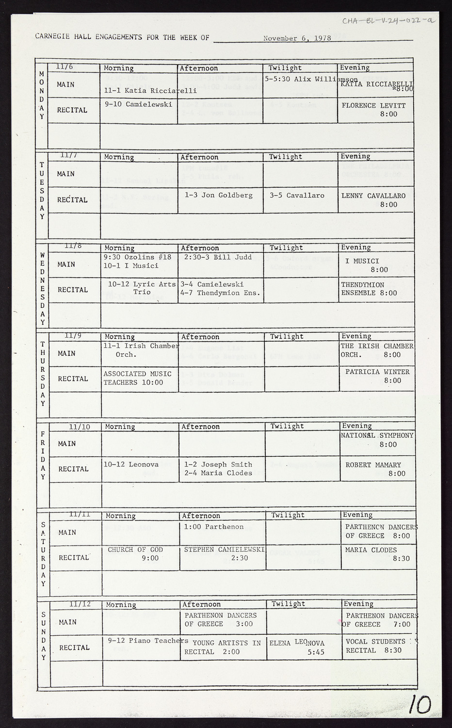 Carnegie Hall Booking Ledger, volume 24, page 22a