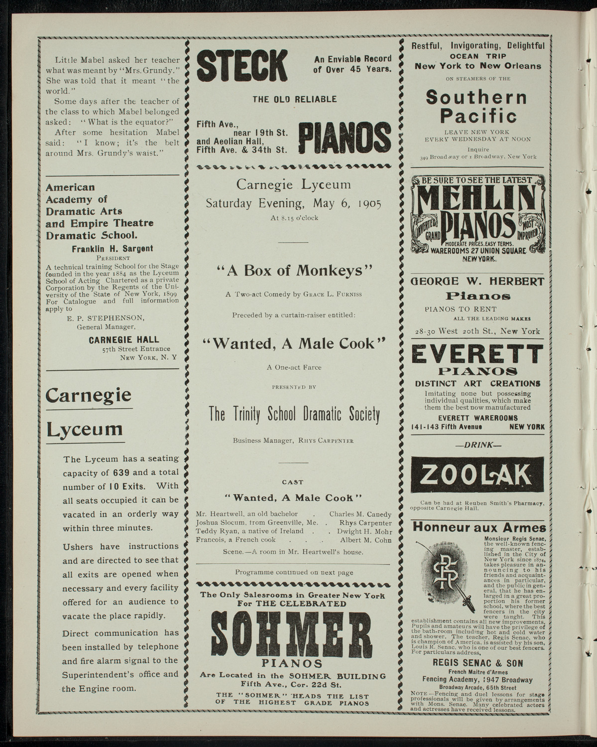 Trinity School Dramatic Society, May 6, 1905, program page 2