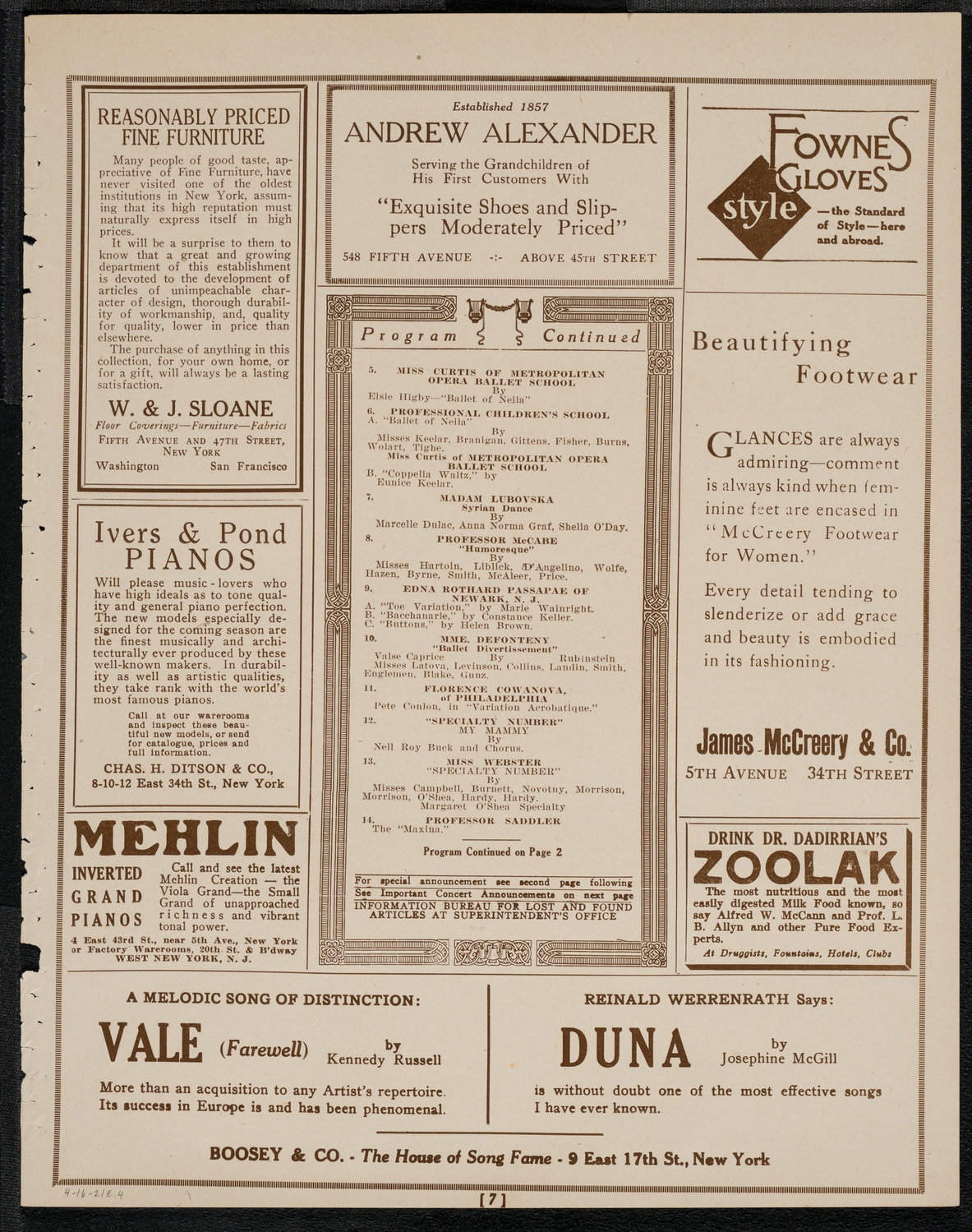 National Ballet and Toe Dancing Exposition of America, April 16, 1921, program page 7