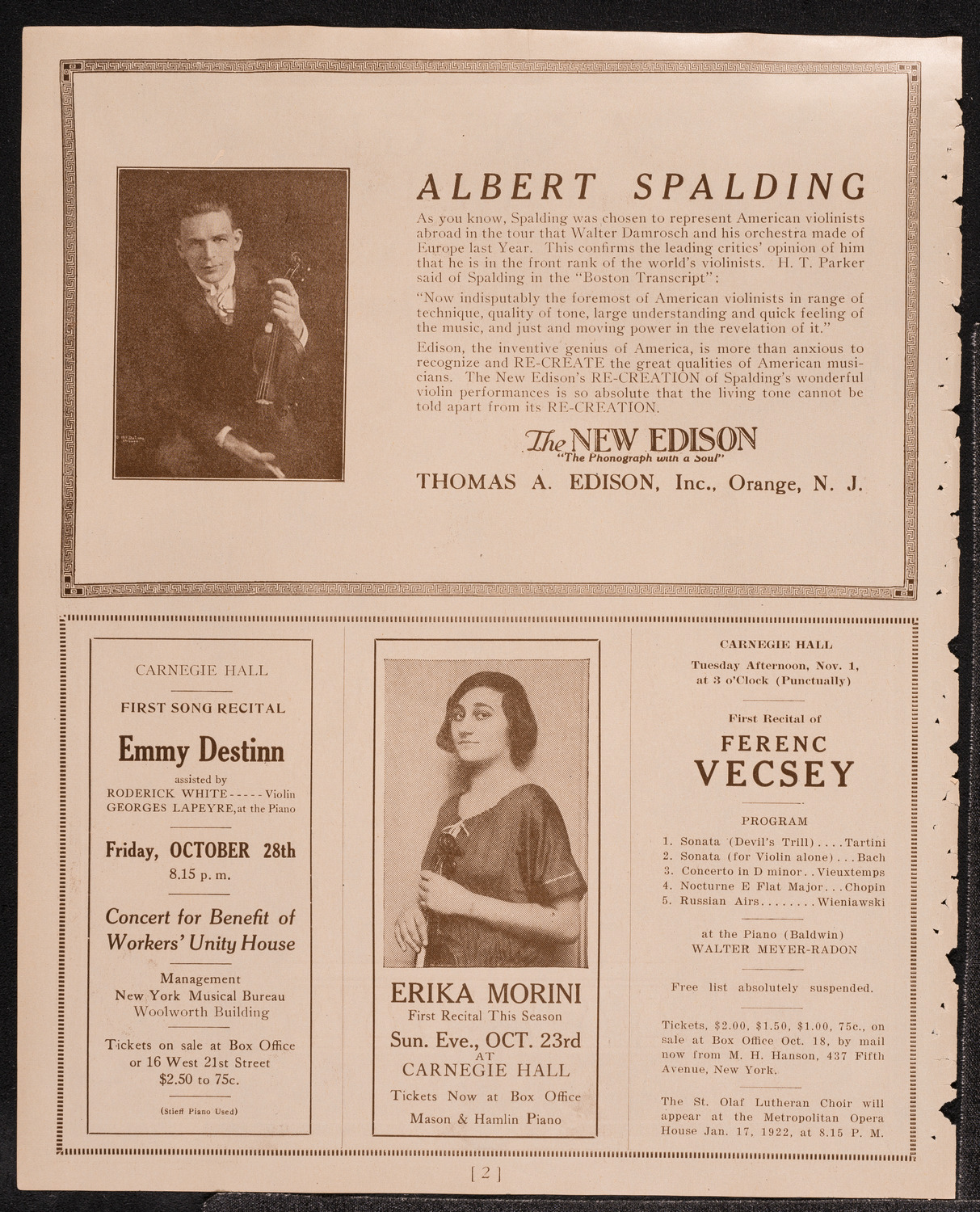 Elly Ney, Piano, October 15, 1921, program page 2