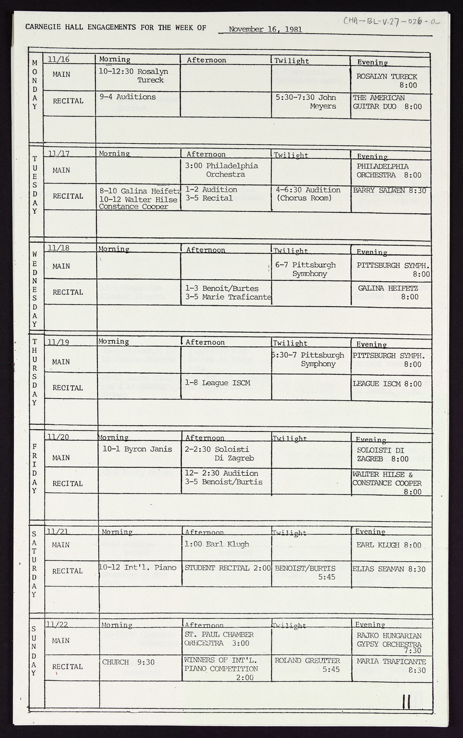 Carnegie Hall Booking Ledger, volume 27, page 26a