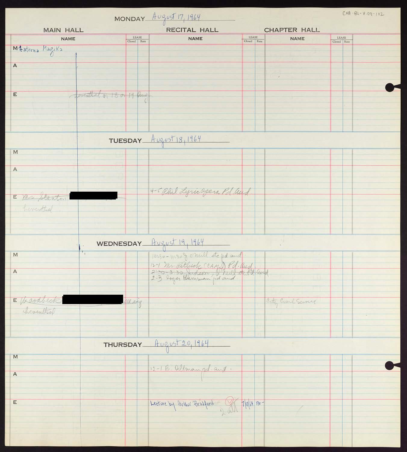 Carnegie Hall Booking Ledger, volume 9, page 102