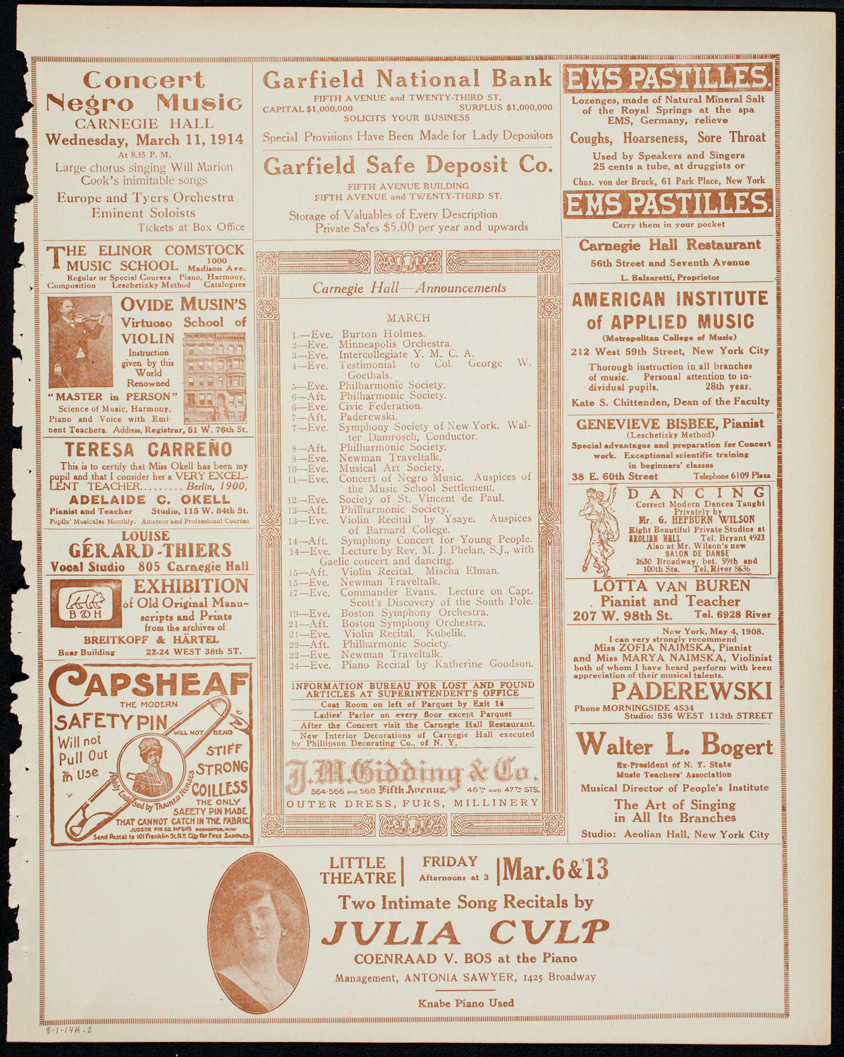 New York Philharmonic, March 1, 1914, program page 3