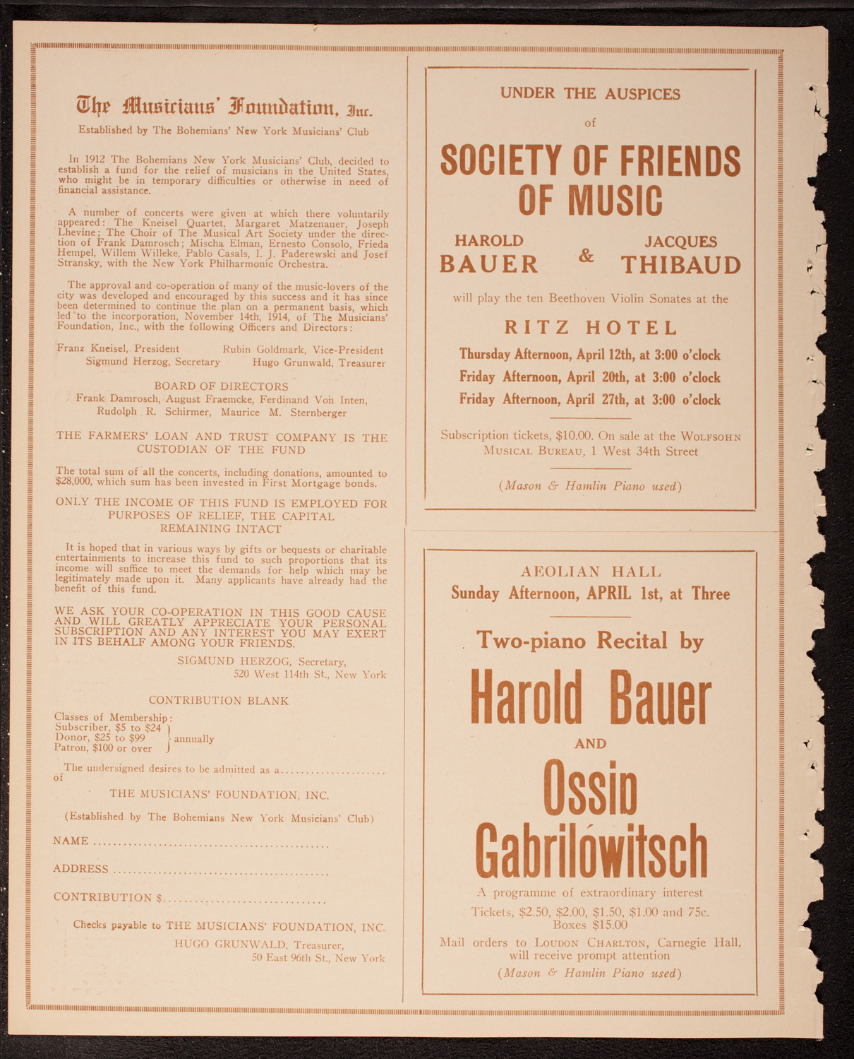 Eugène Ysaÿe, Violin, March 24, 1917, program page 10