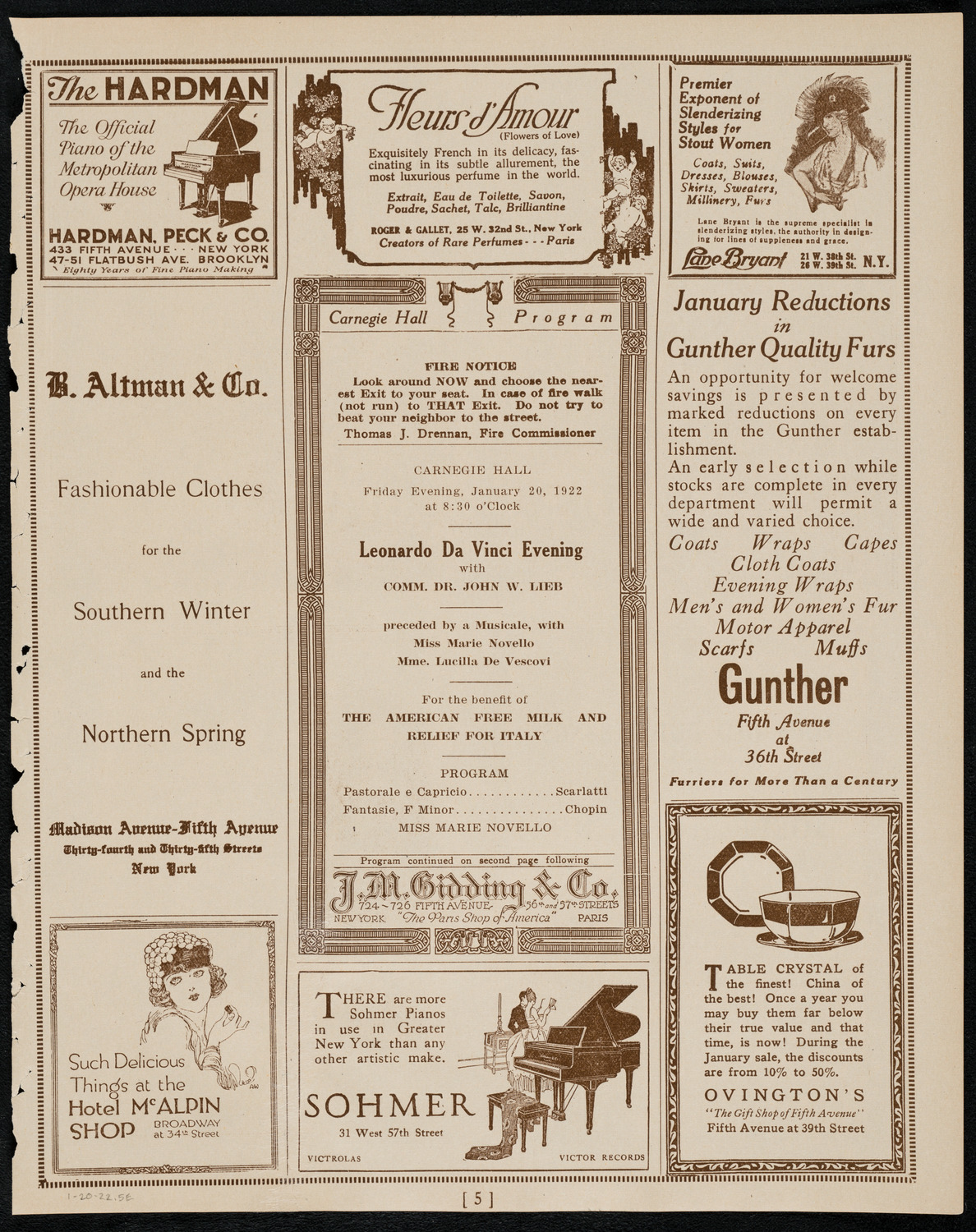 Leonardo da Vinci Evening with Comm. Dr. John W. Lieb, January 20, 1922, program page 5