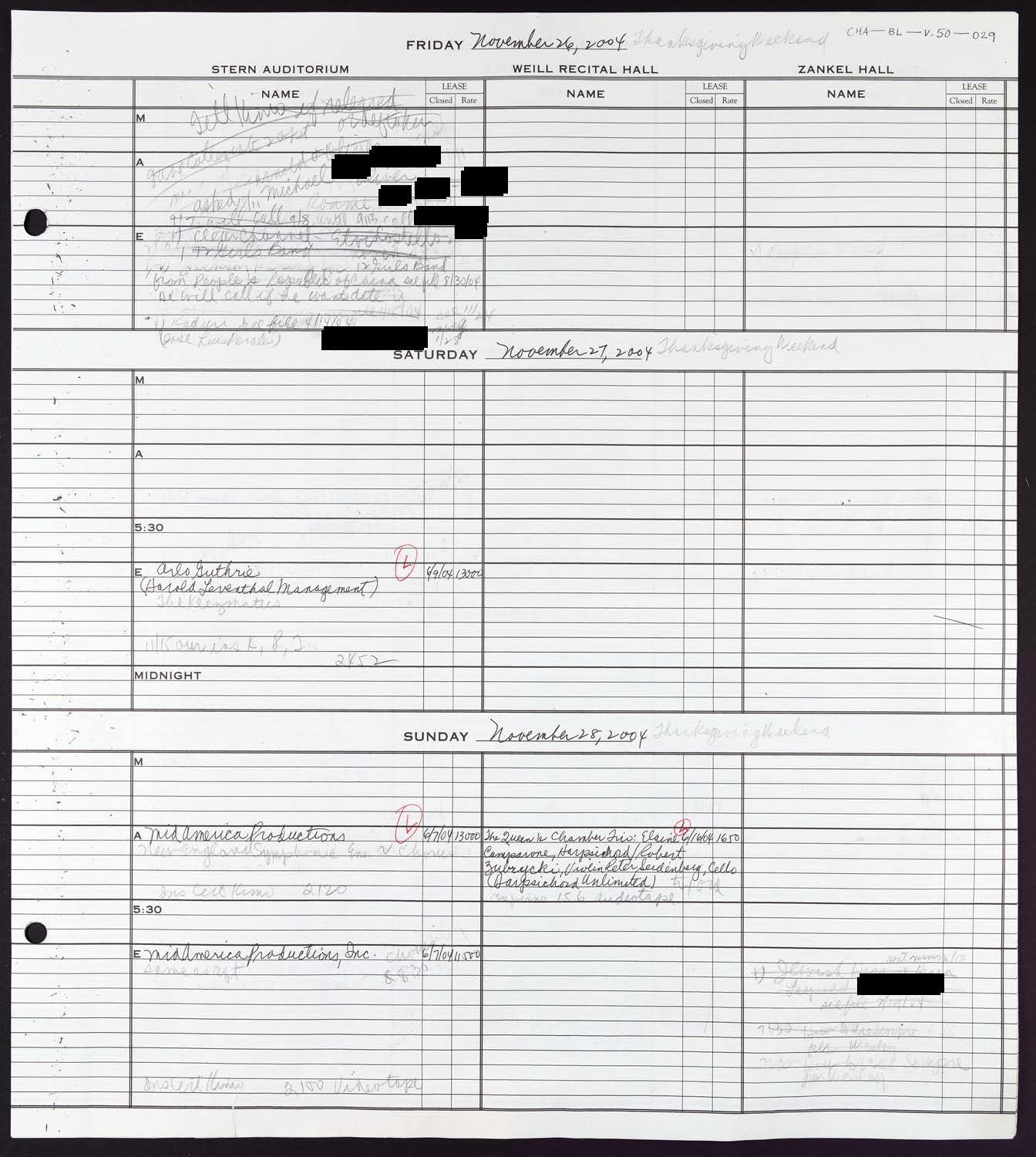 Carnegie Hall Booking Ledger, volume 50, page 29