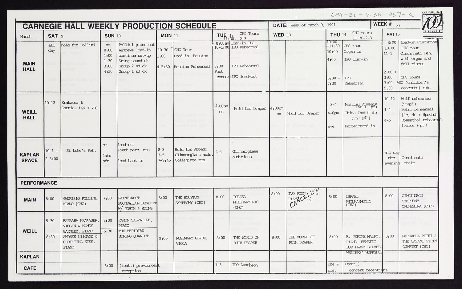 Carnegie Hall Booking Ledger, volume 36, page 57a