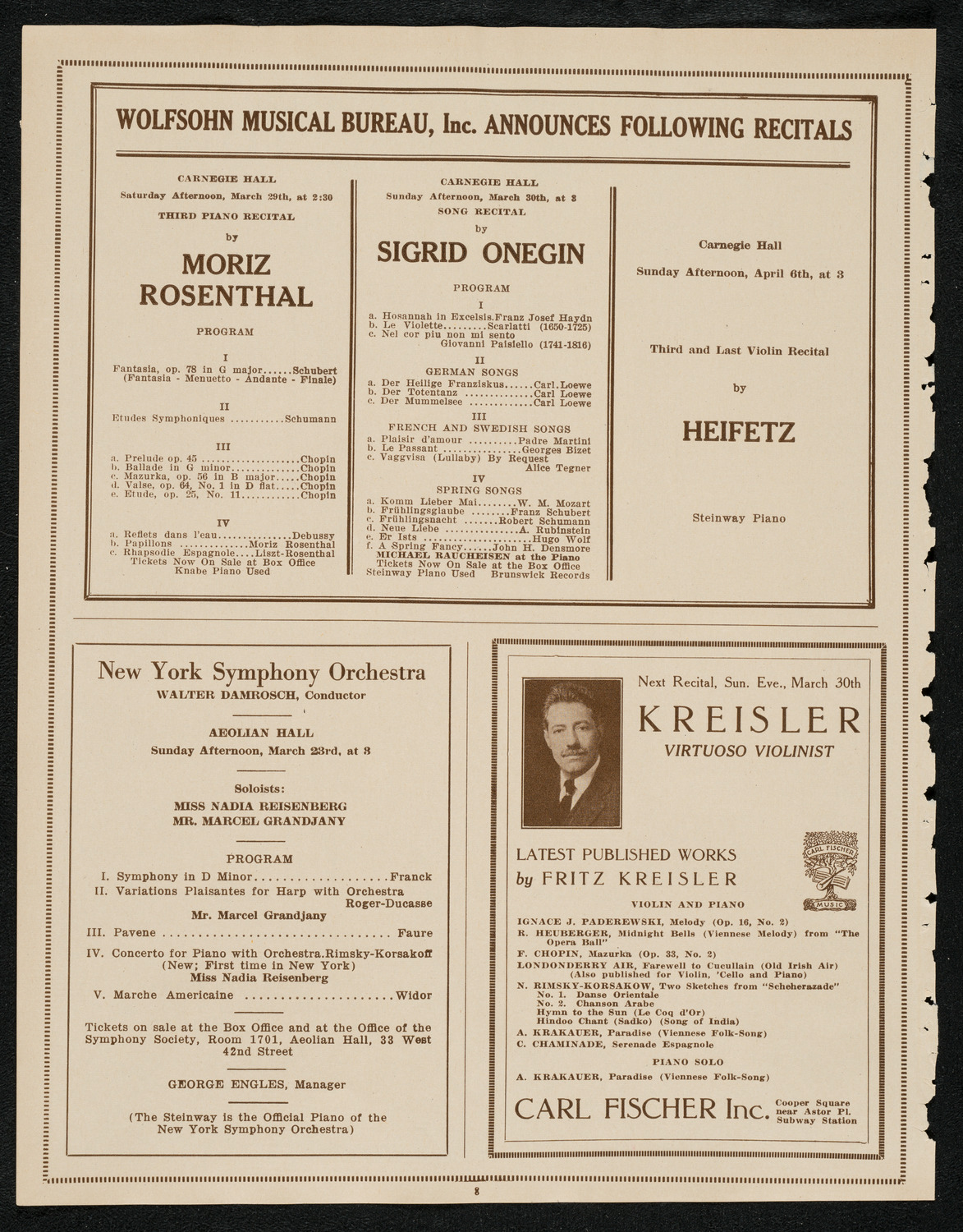Fritz Kreisler, Violin, March 22, 1924, program page 8