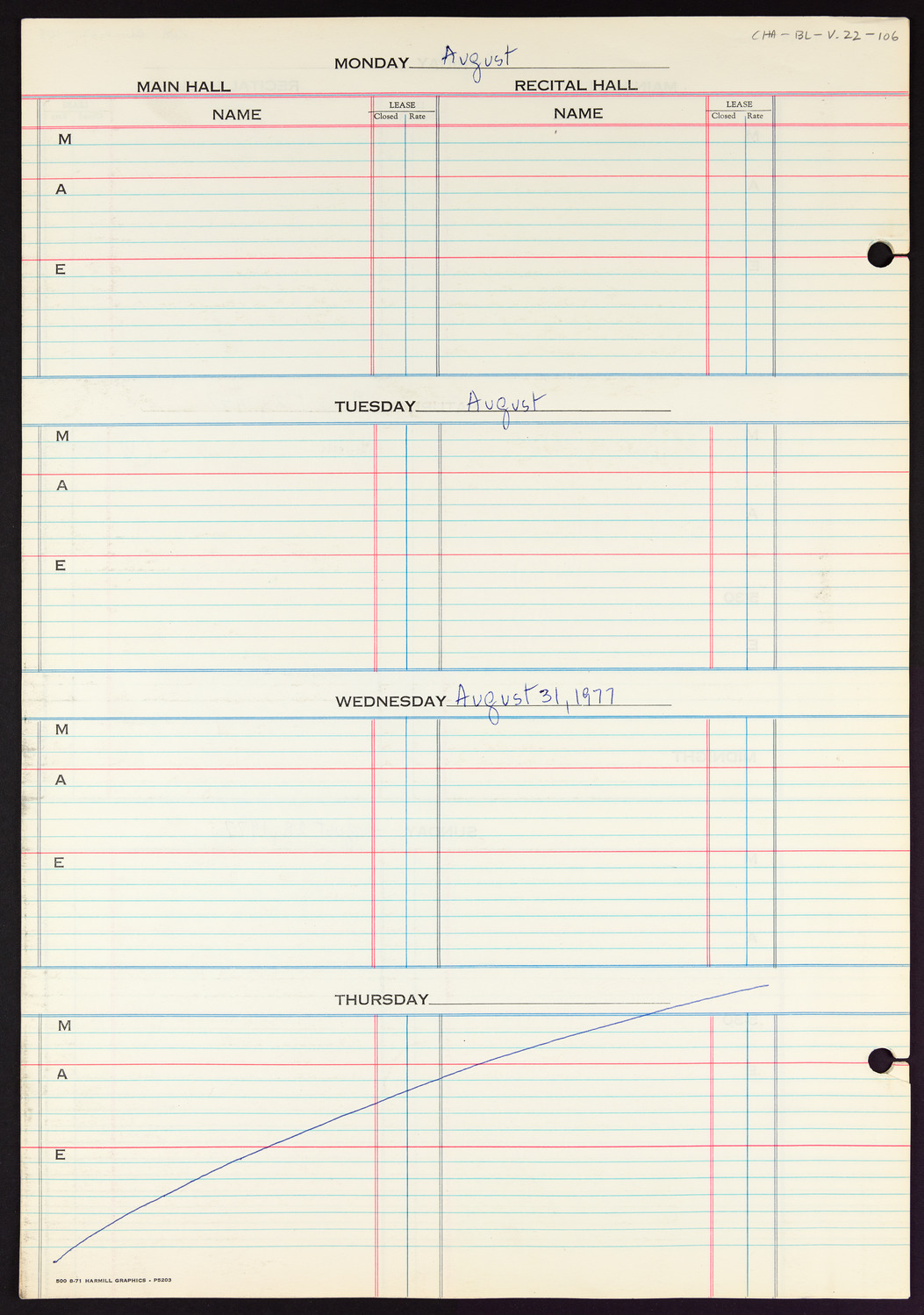 Carnegie Hall Booking Ledger, volume 22, page 106