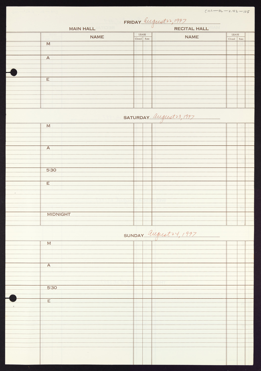 Carnegie Hall Booking Ledger, volume 42, page 105