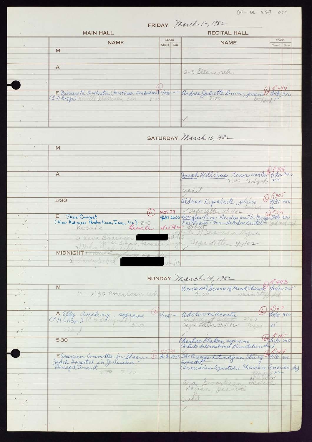 Carnegie Hall Booking Ledger, volume 27, page 59