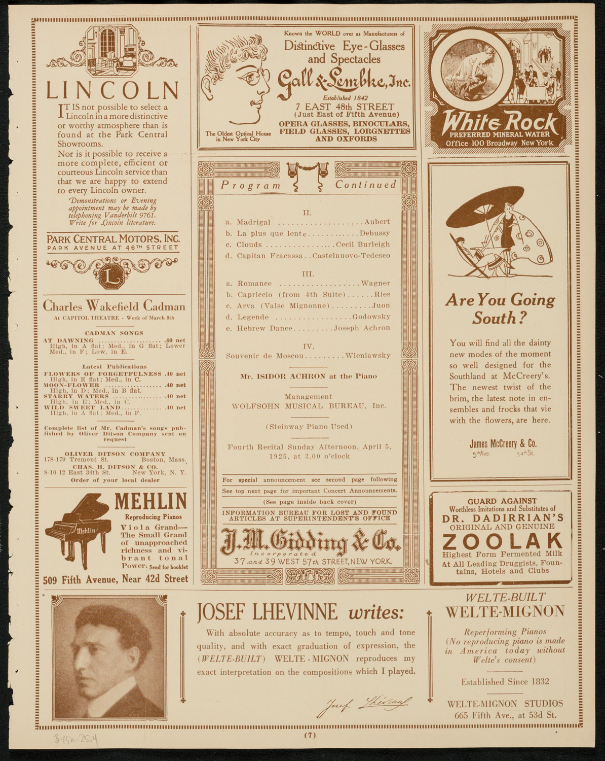 Jascha Heifetz, Violin, March 15, 1925, program page 7