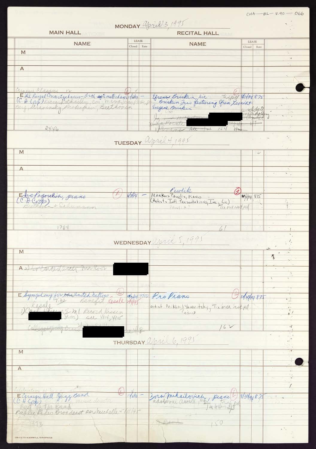 Carnegie Hall Booking Ledger, volume 40, page 66