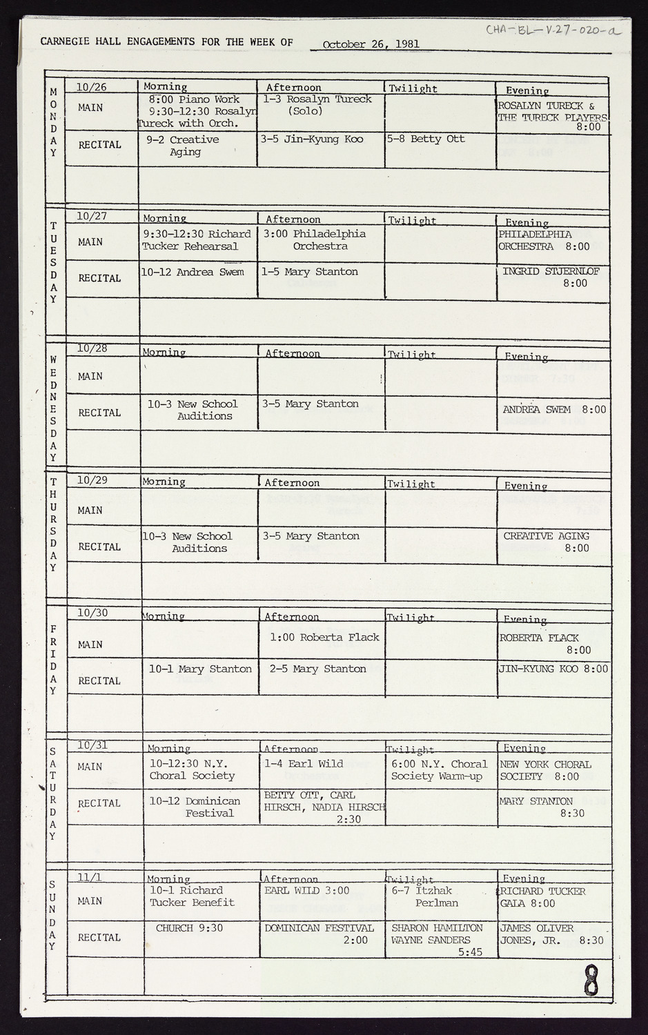 Carnegie Hall Booking Ledger, volume 27, page 20a