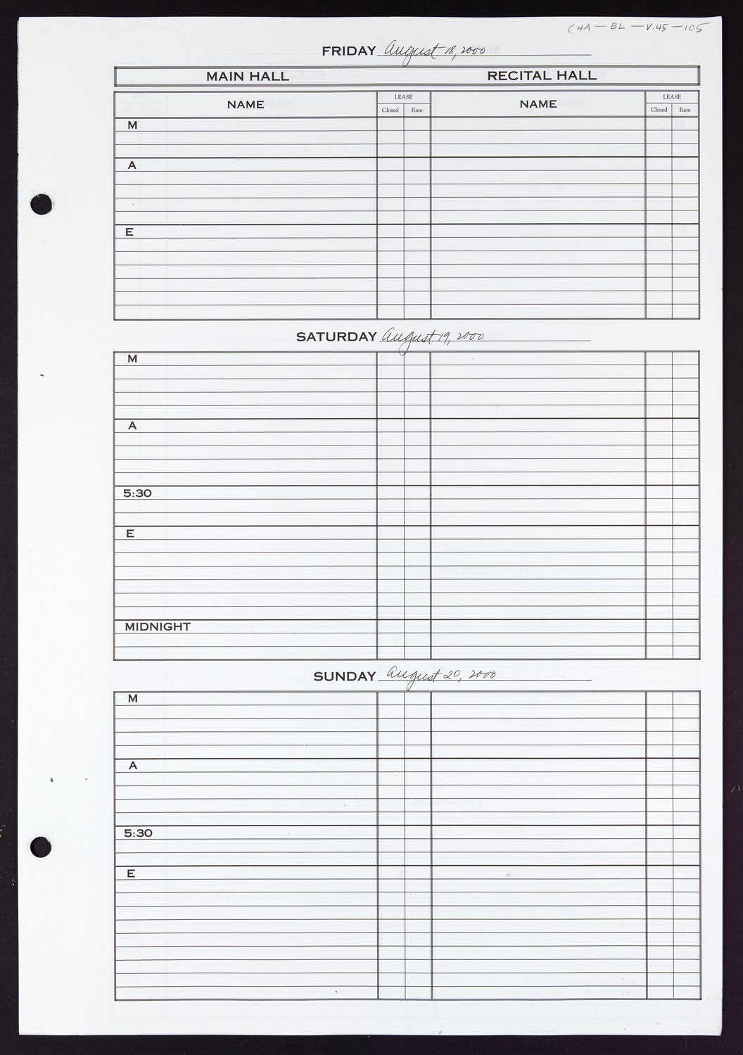 Carnegie Hall Booking Ledger, volume 45, page 105