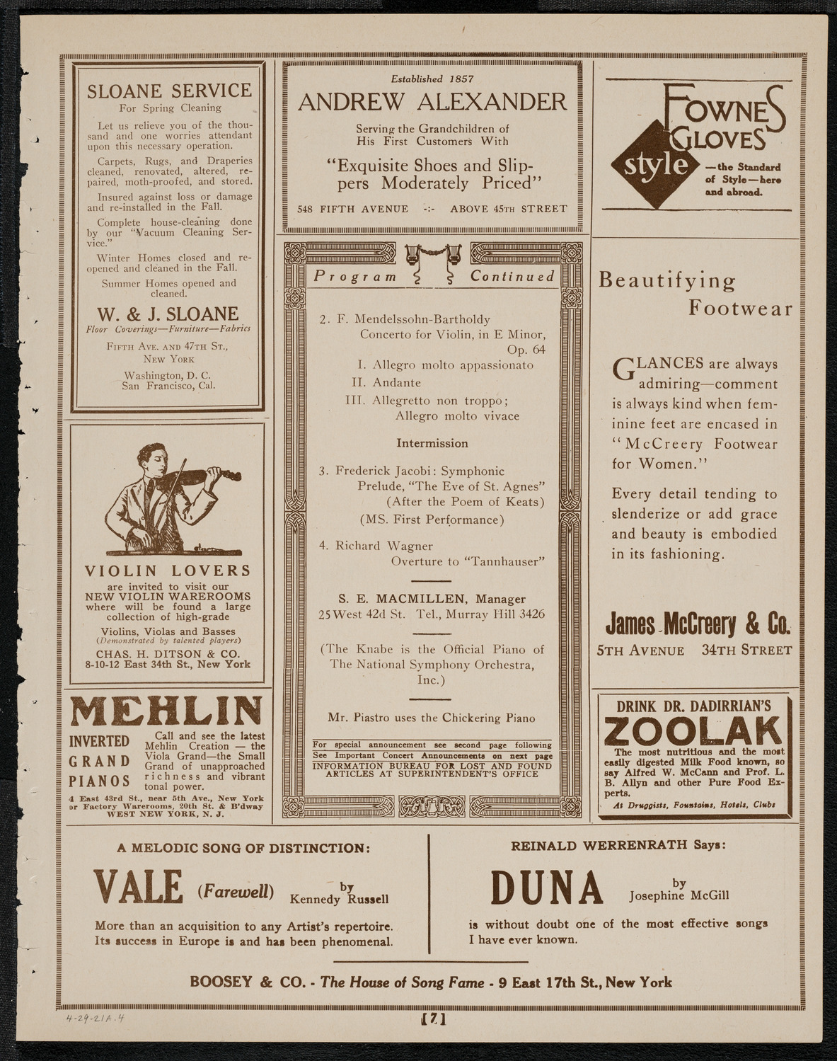 National Symphony Orchestra, April 29, 1921, program page 7