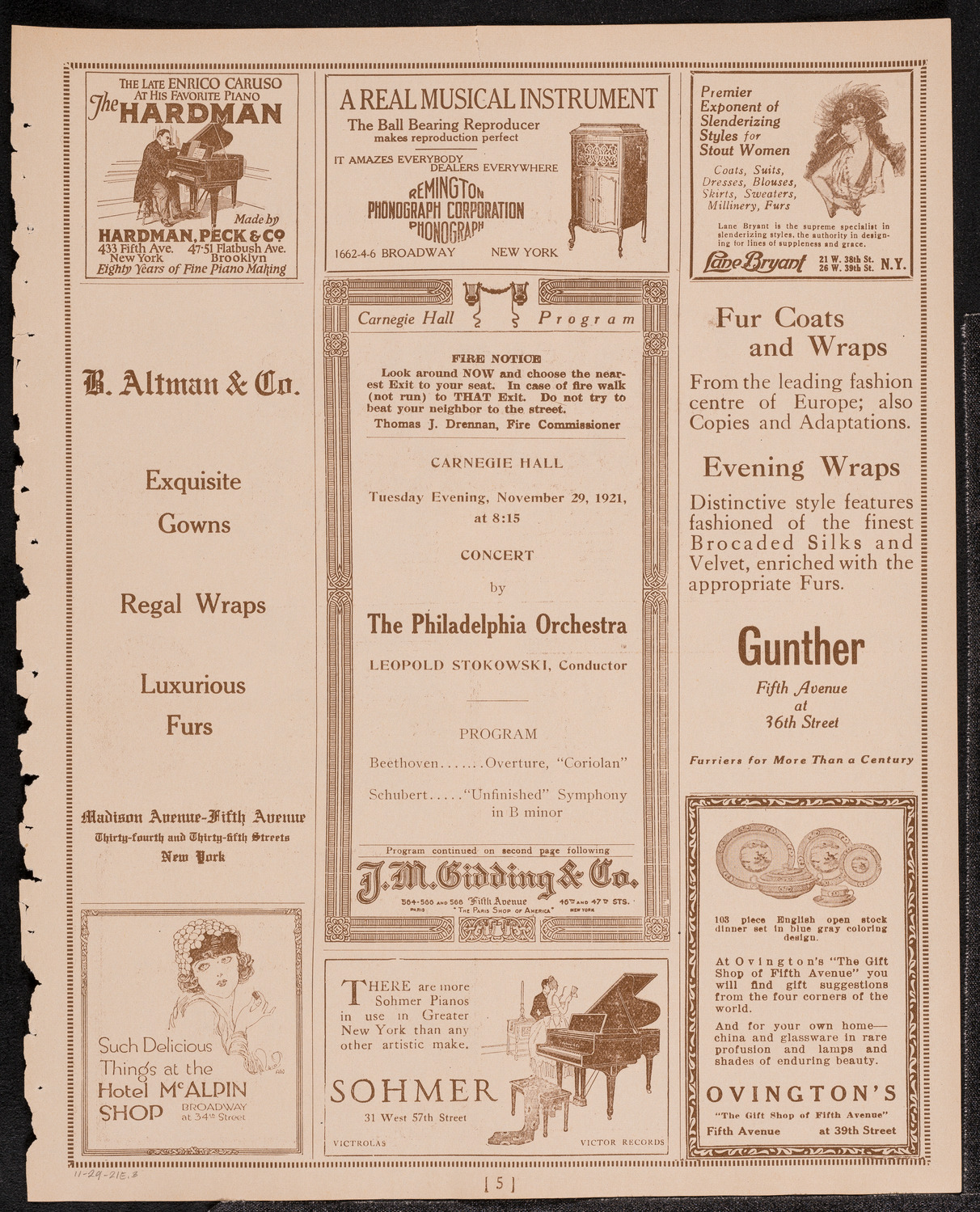 Philadelphia Orchestra, November 29, 1921, program page 5