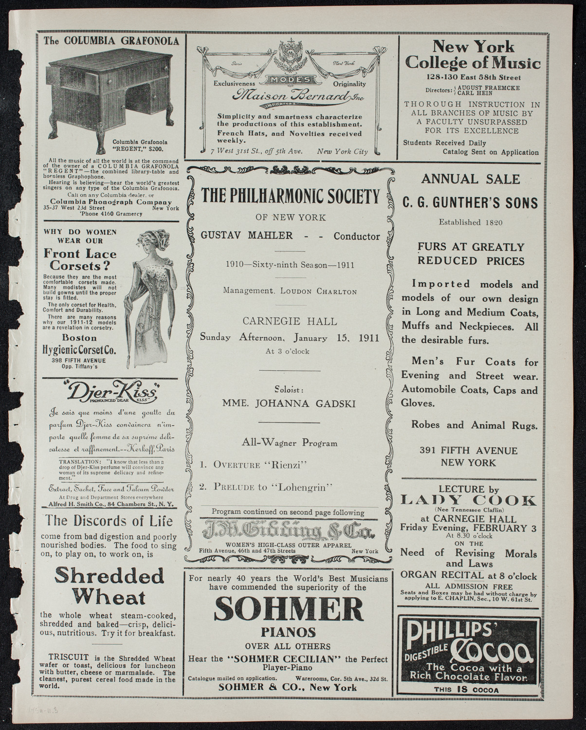 New York Philharmonic, January 15, 1911, program page 5