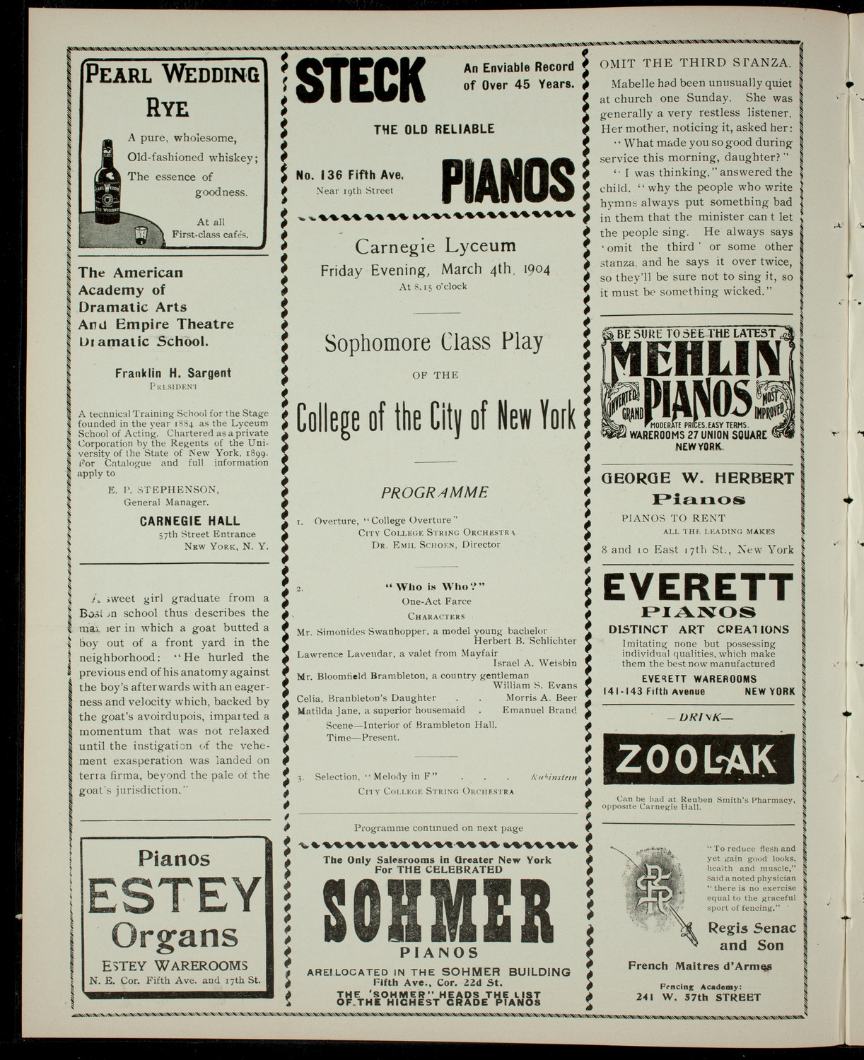 College of the City of New York Sophomore Class Play, March 4, 1904, program page 2
