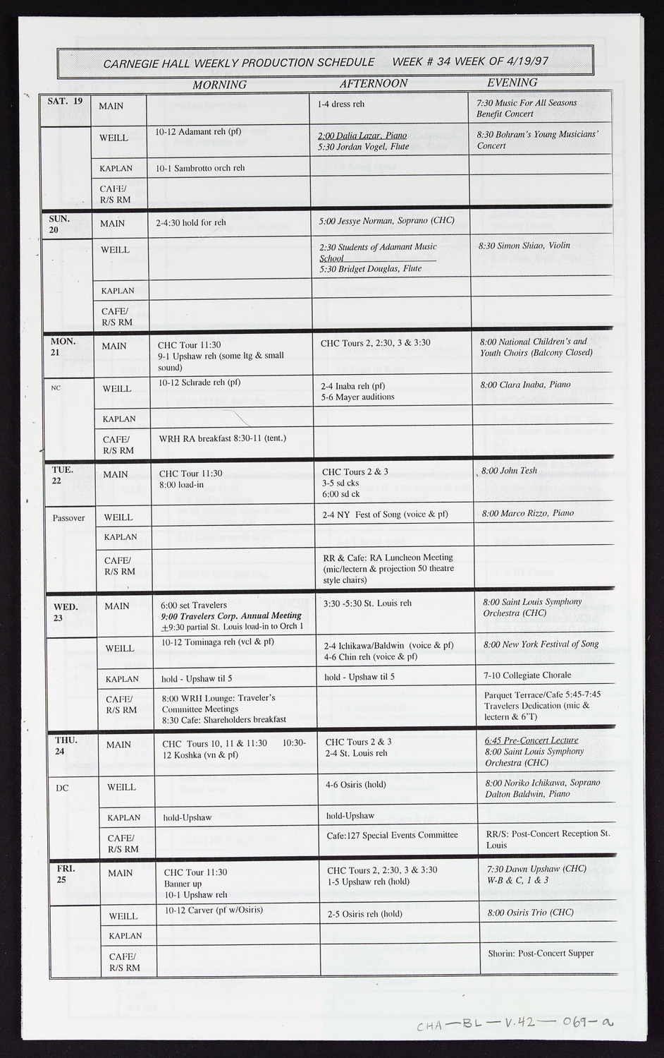 Carnegie Hall Booking Ledger, volume 42, page 69a