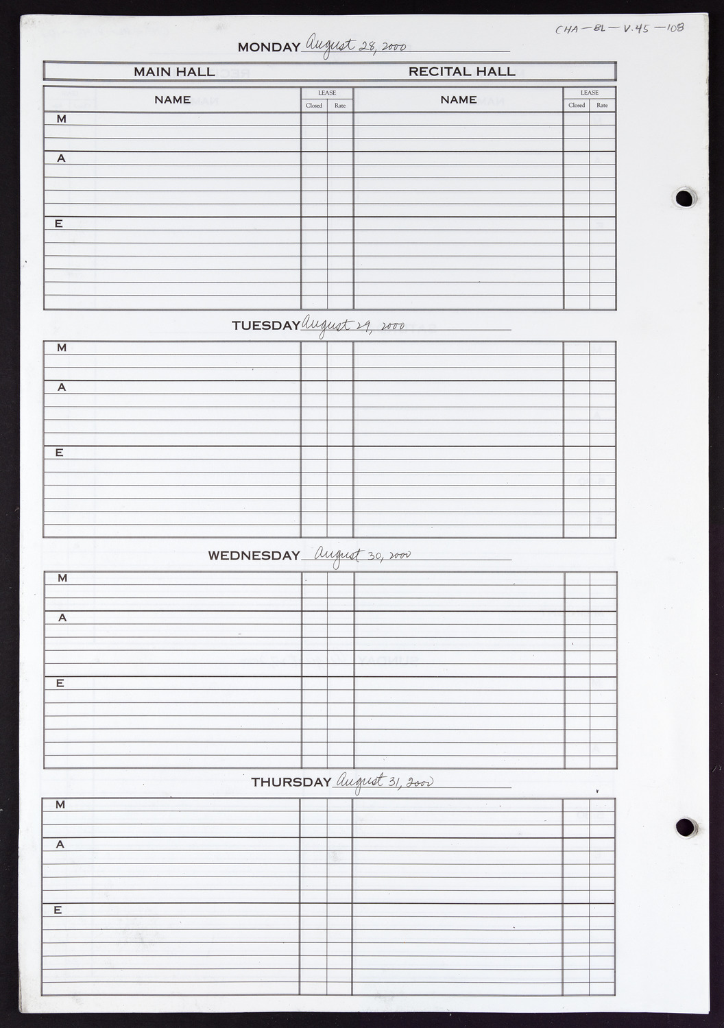 Carnegie Hall Booking Ledger, volume 45, page 108