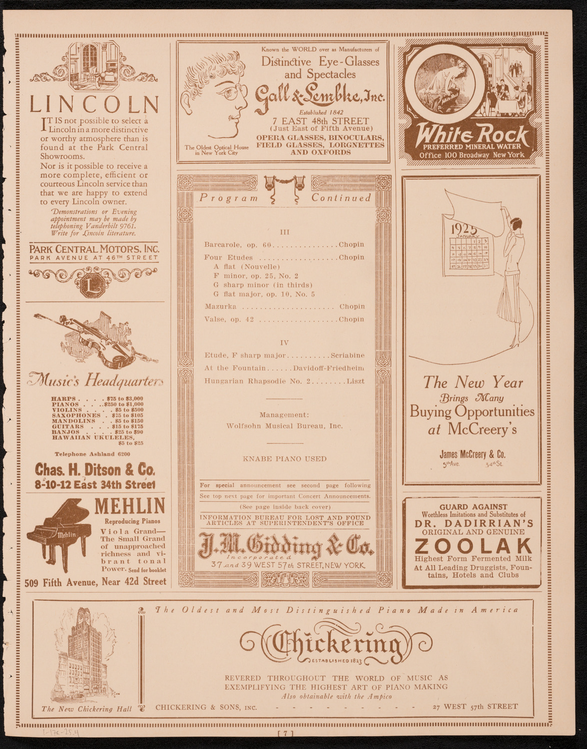Moriz Rosenthal, Piano, January 17, 1925, program page 7