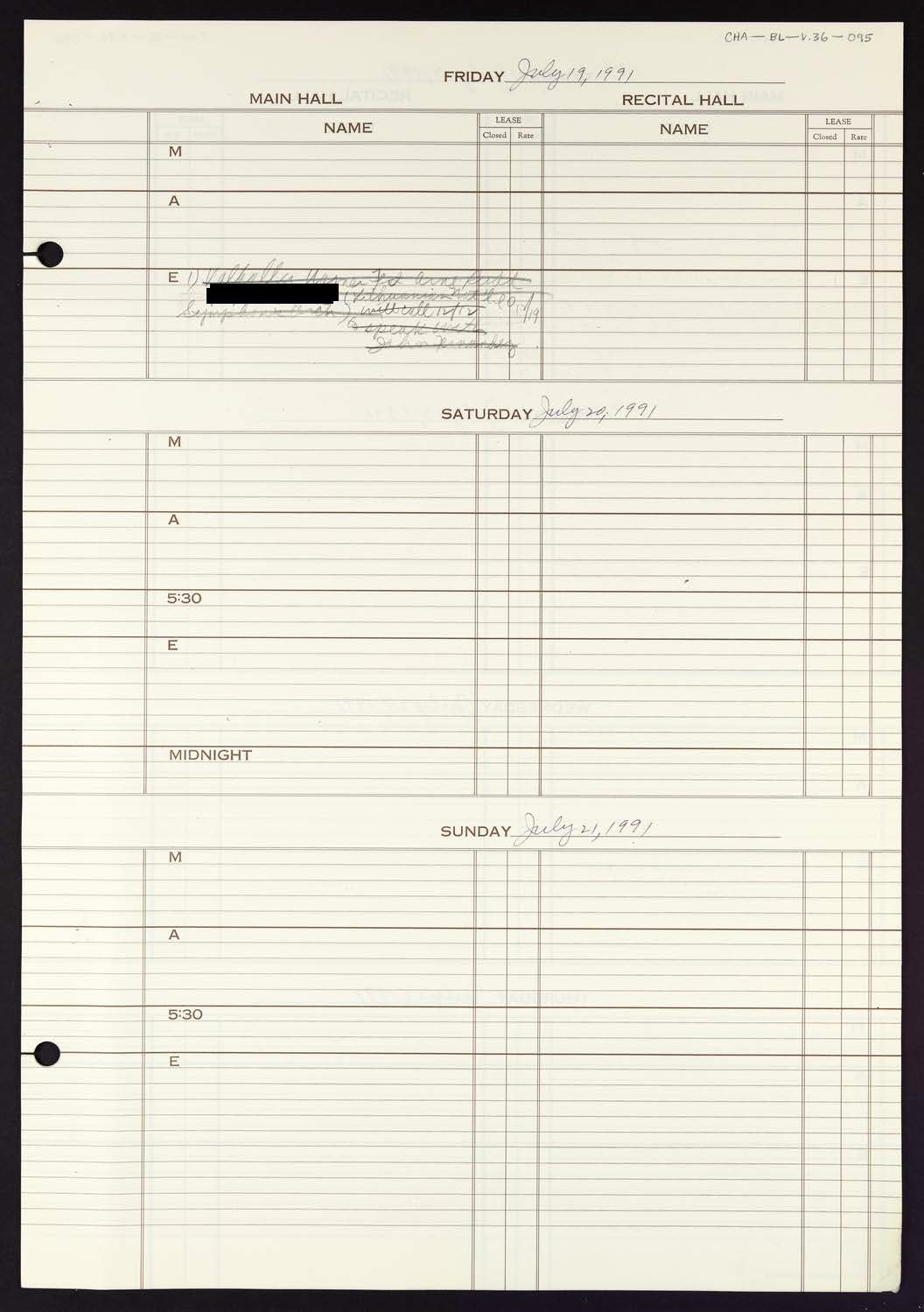 Carnegie Hall Booking Ledger, volume 36, page 95