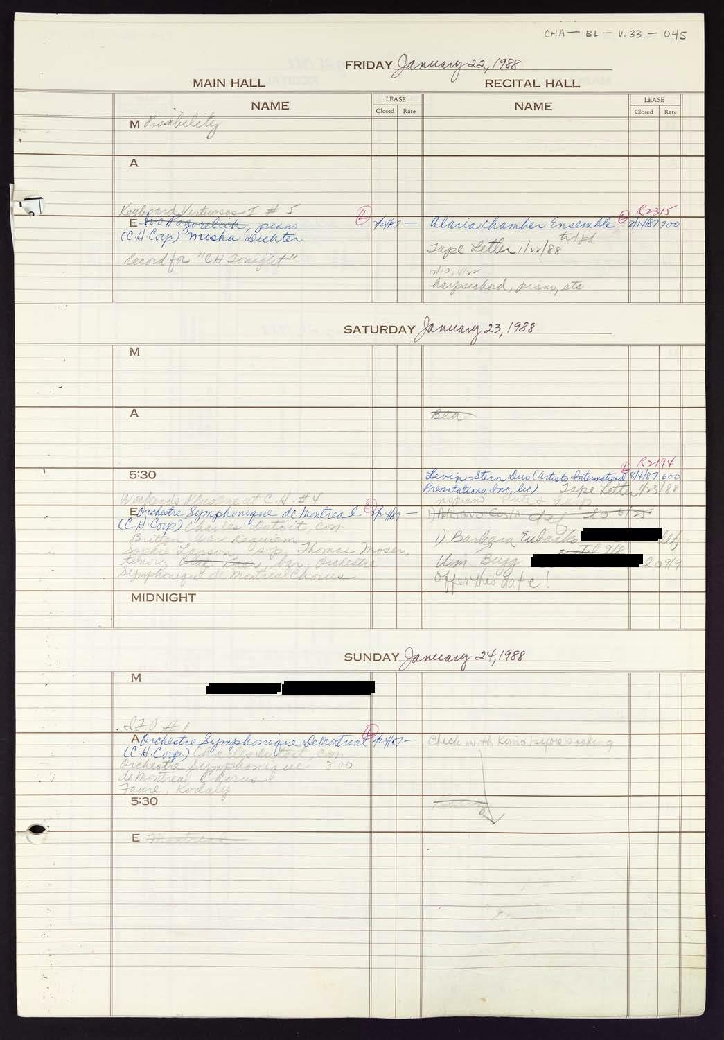 Carnegie Hall Booking Ledger, volume 33, page 45