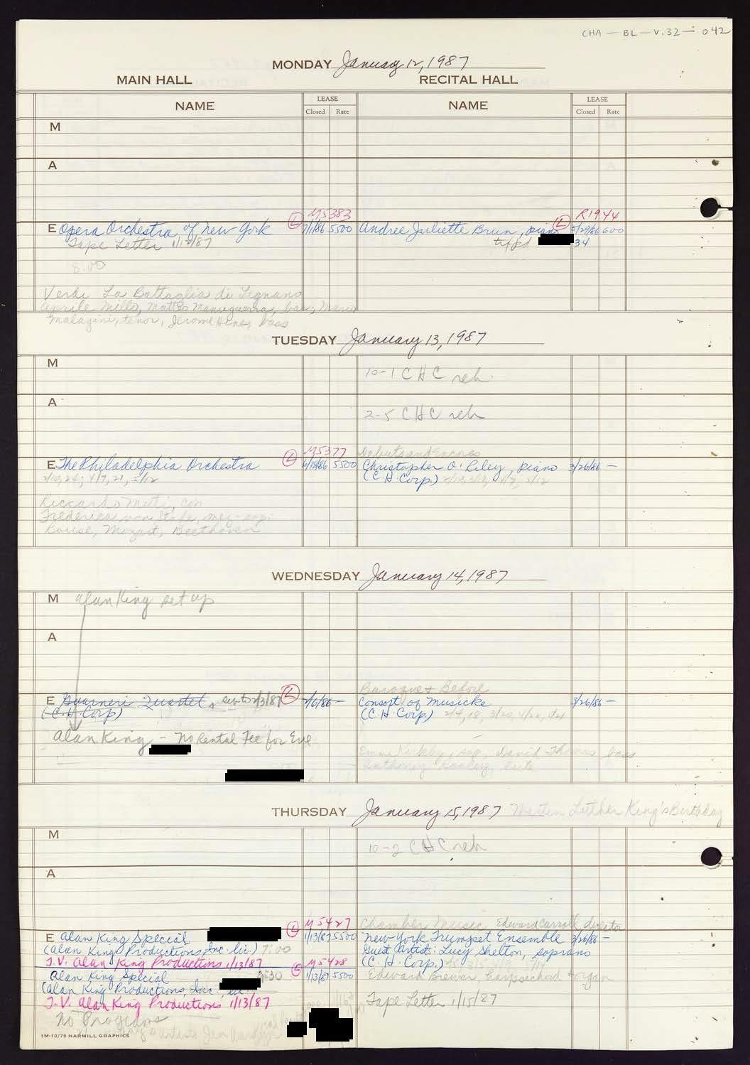 Carnegie Hall Booking Ledger, volume 32, page 42