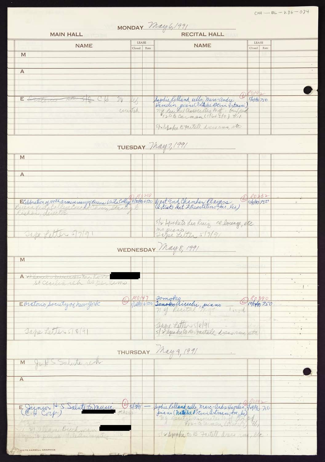 Carnegie Hall Booking Ledger, volume 36, page 74