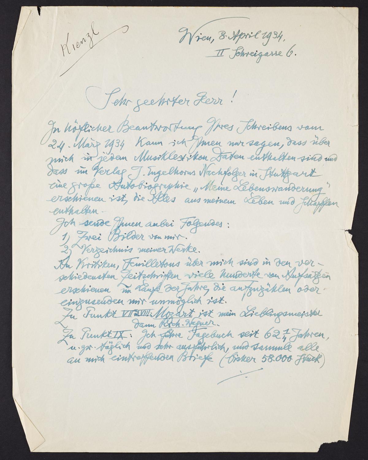 Correspondence from Wilhelm Kienzl to David Ewen, page 1 of 2
