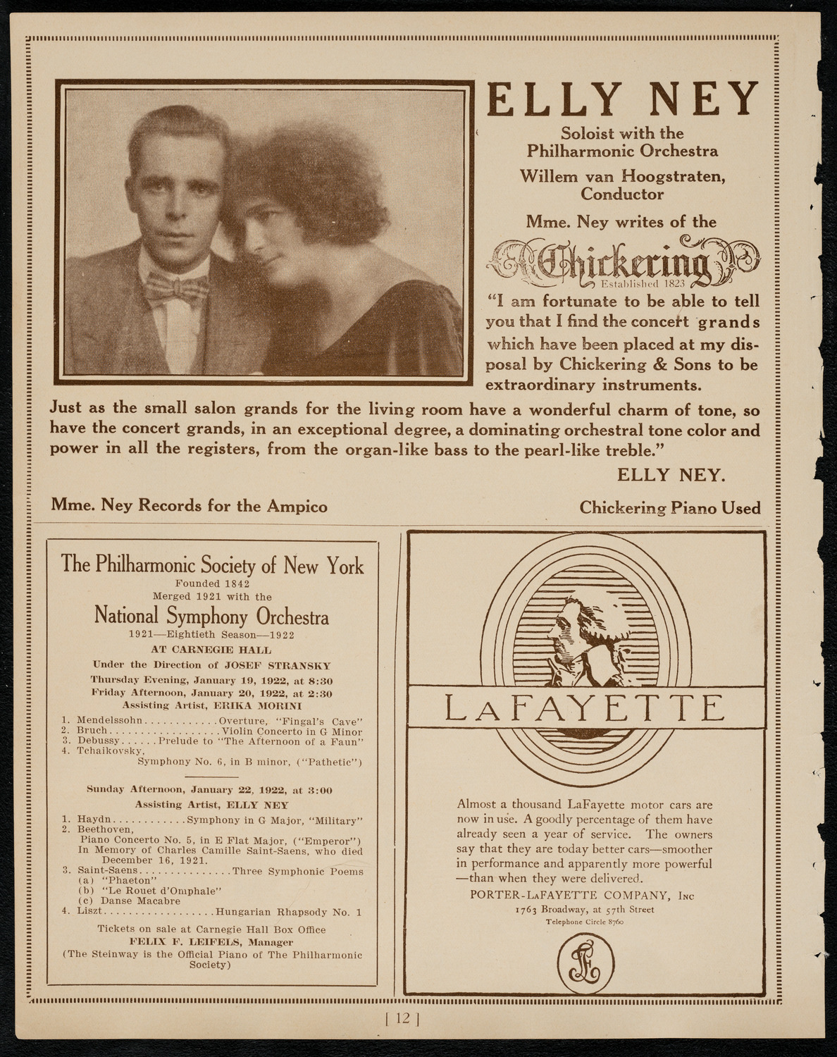 Elly Ney, Piano, and the New York Philharmonic, January 16, 1922, program page 12