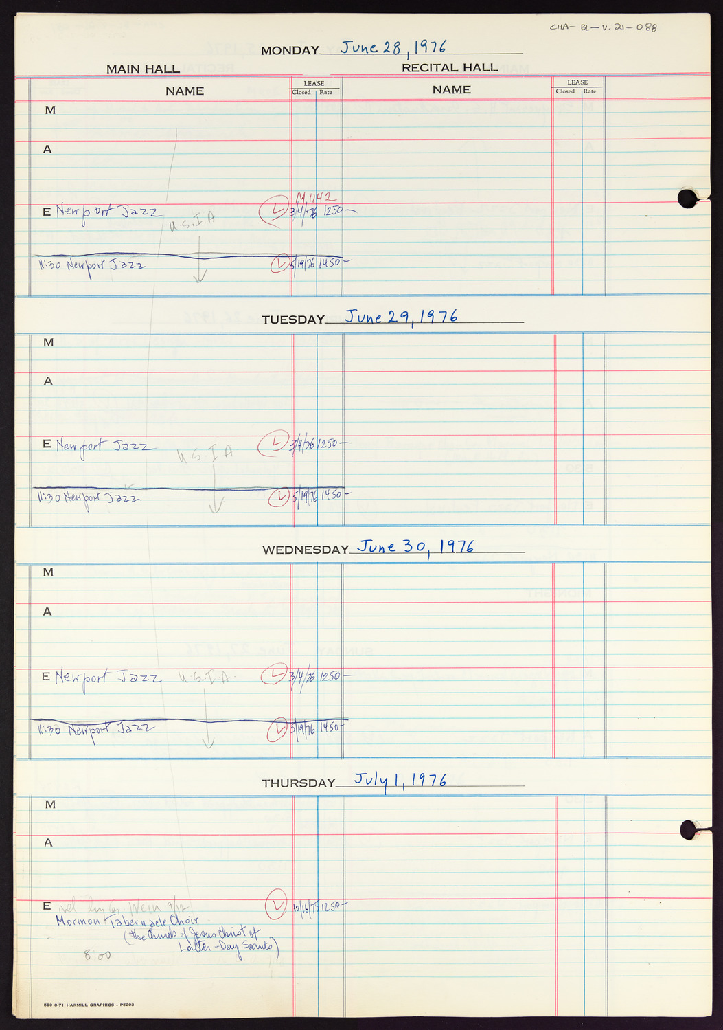 Carnegie Hall Booking Ledger, volume 21, page 88