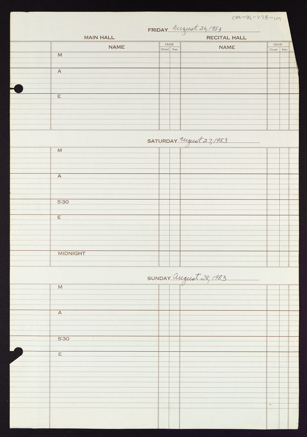 Carnegie Hall Booking Ledger, volume 28, page 109